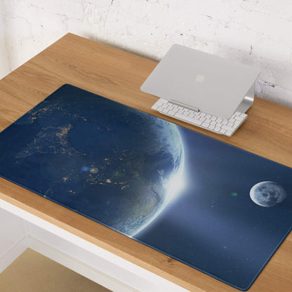 Deep blue cosmic space gaming mouse pad with Earth lights, moon, non-slip base