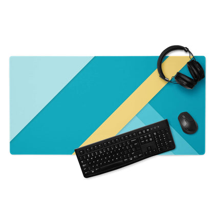 Geometric teal blue yellow gaming mouse pad with diagonal stripes