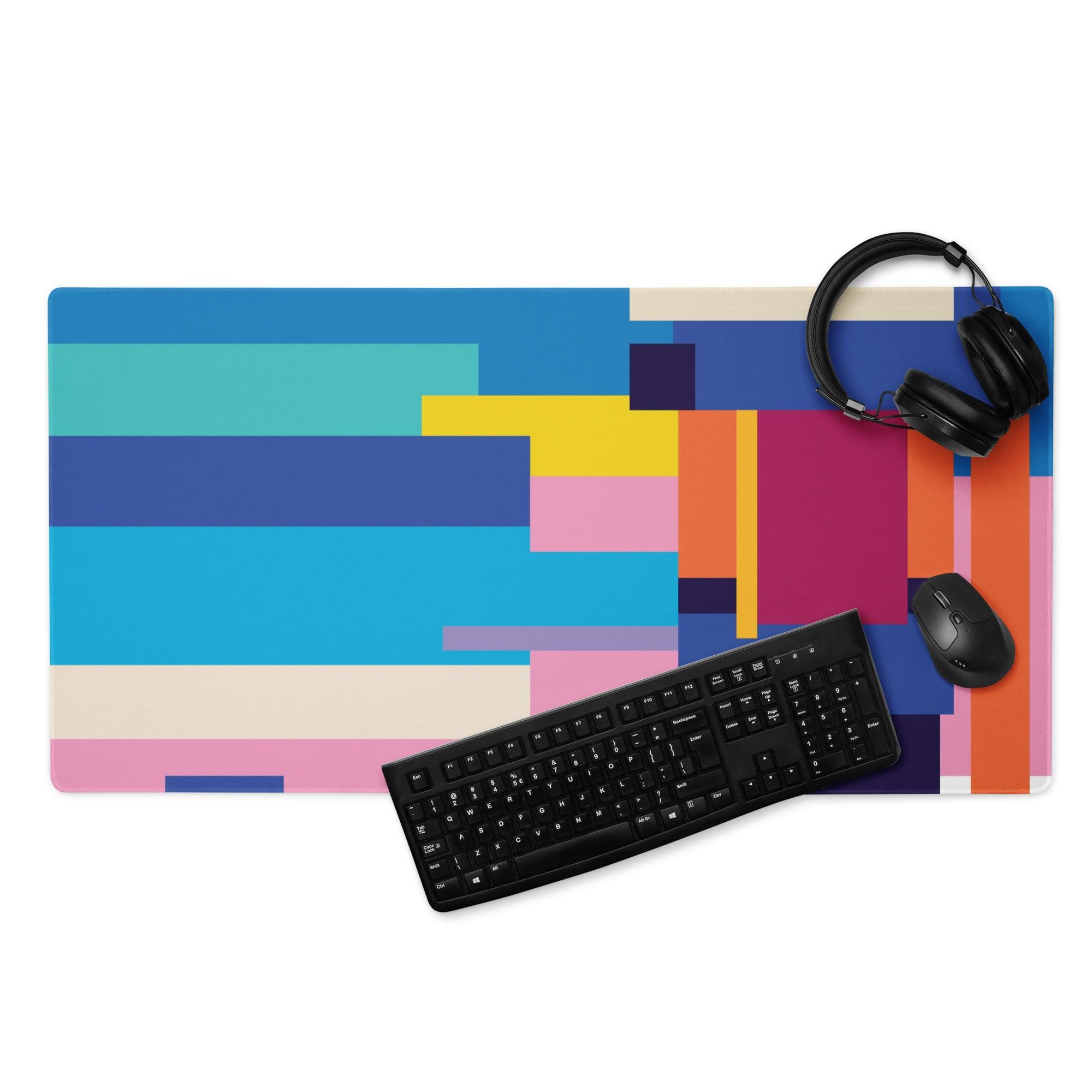 Abstract geometric gaming mouse pad with vibrant multicolor block stripes