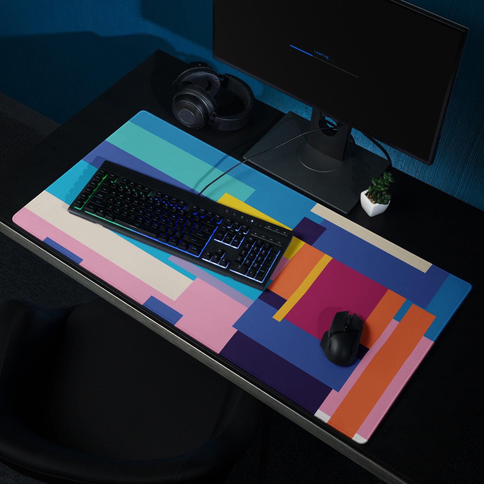 Abstract geometric gaming mouse pad with vibrant teal pink orange purple stripes