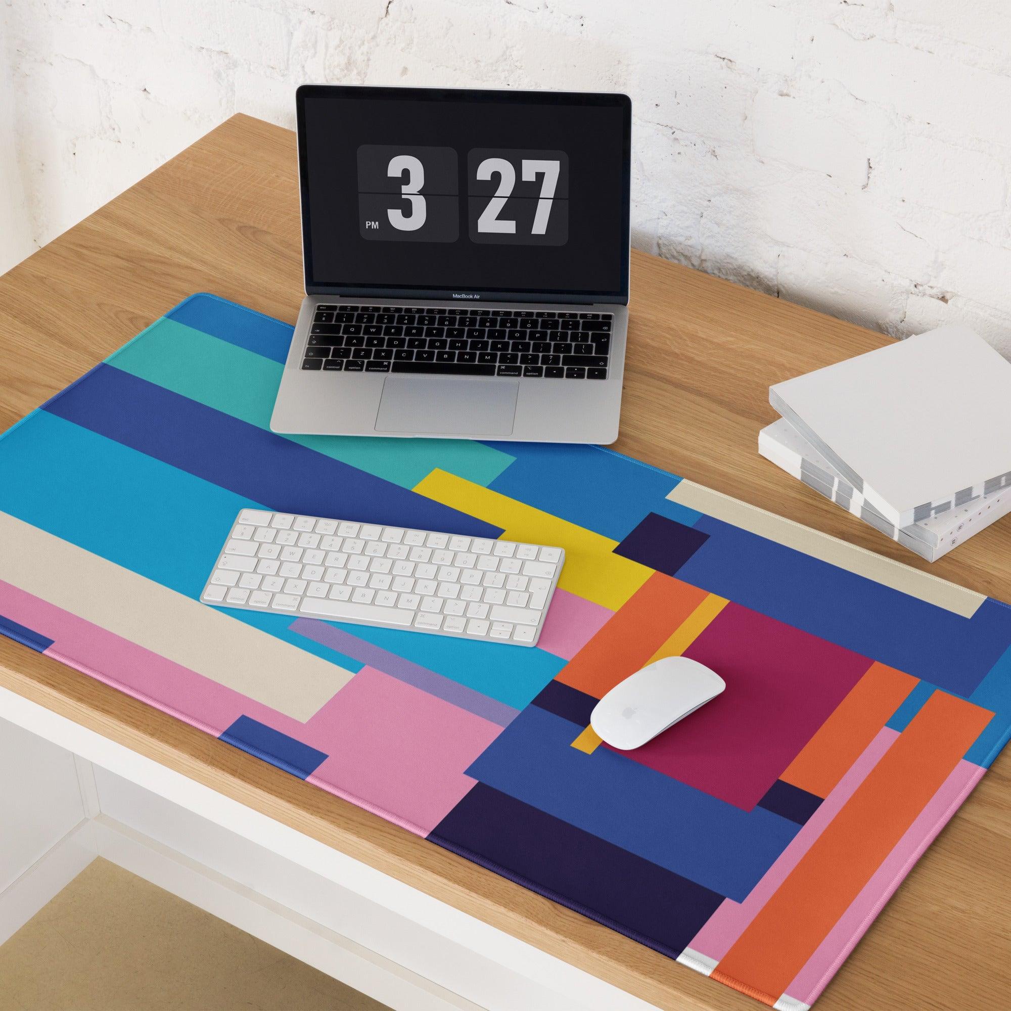 Colorful geometric patterned gaming mouse pad with vibrant multicolor blocks