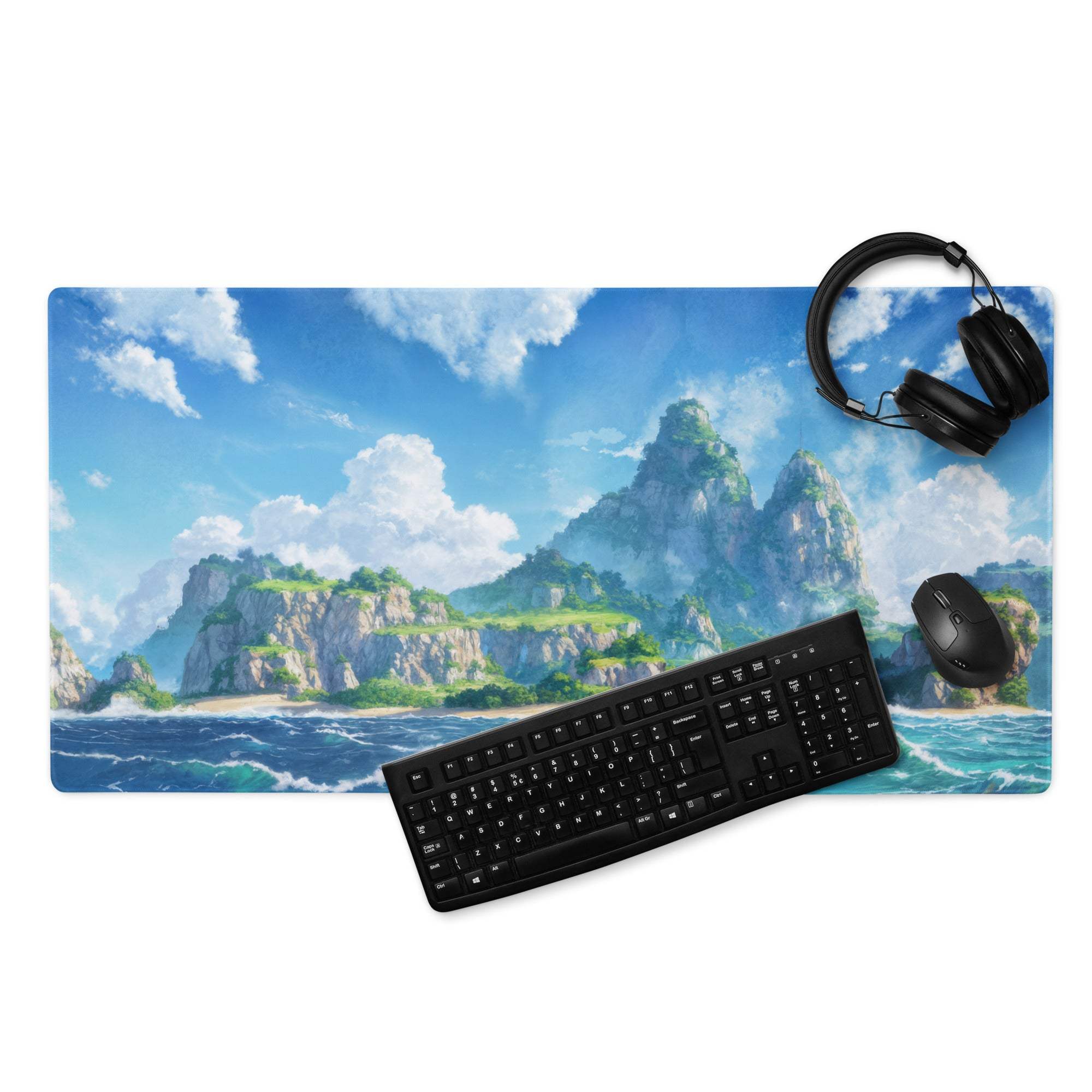 Blue and white oceanic landscape gaming mouse pad with rocky islands