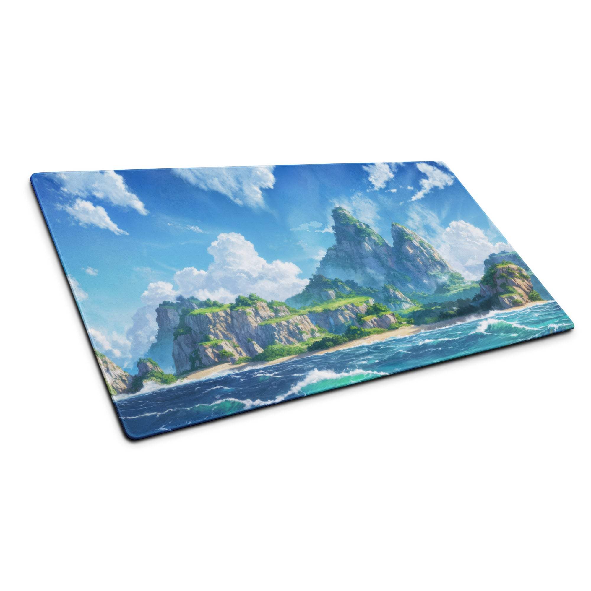 Vibrant anime ocean island gaming mouse pad with turquoise waves, cliffs, large size, stitching, non-slip base