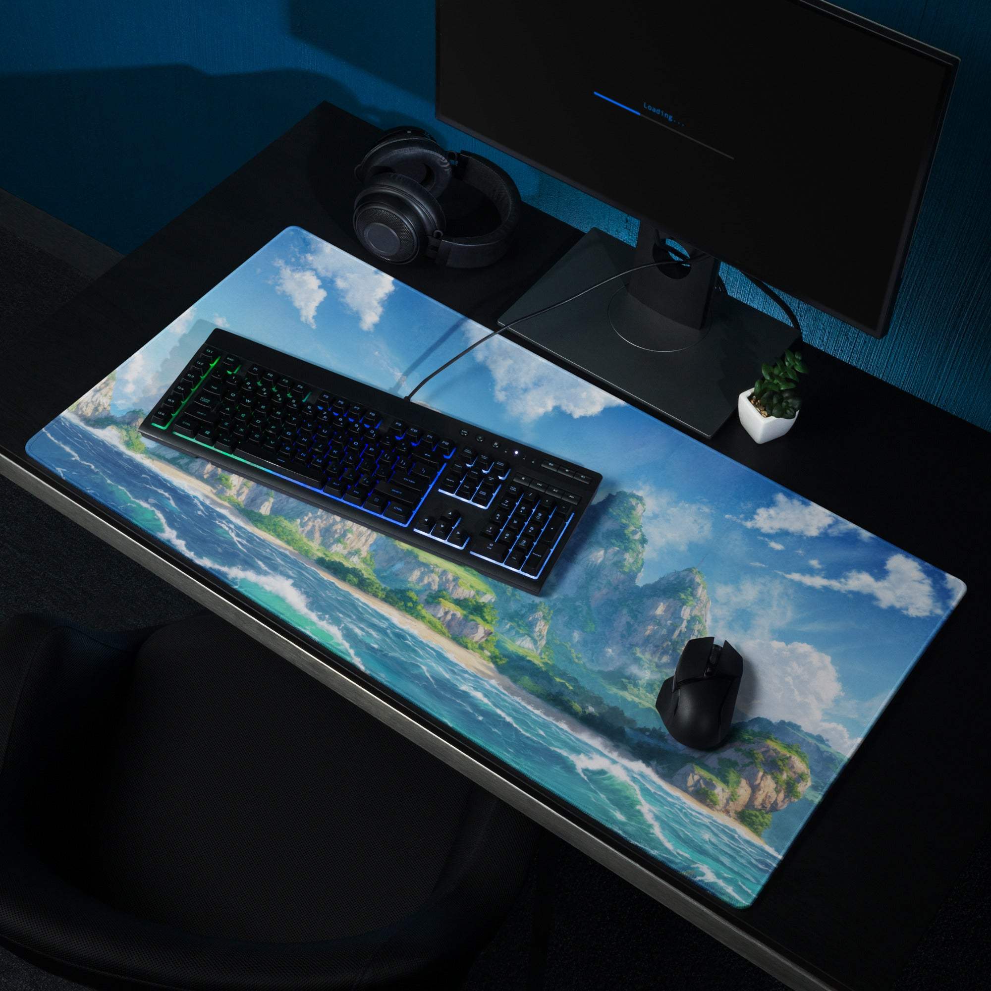 Blue and white ocean island gaming mousepad with stitched edges and non-slip base