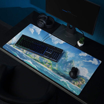 Blue and white ocean island gaming mousepad with stitched edges and non-slip base