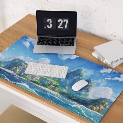 Vibrant blue green ocean island landscape gaming mouse pad with edge stitching