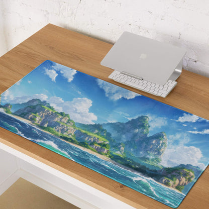 Vibrant blue green ocean island gaming mouse pad with stitching non-slip base