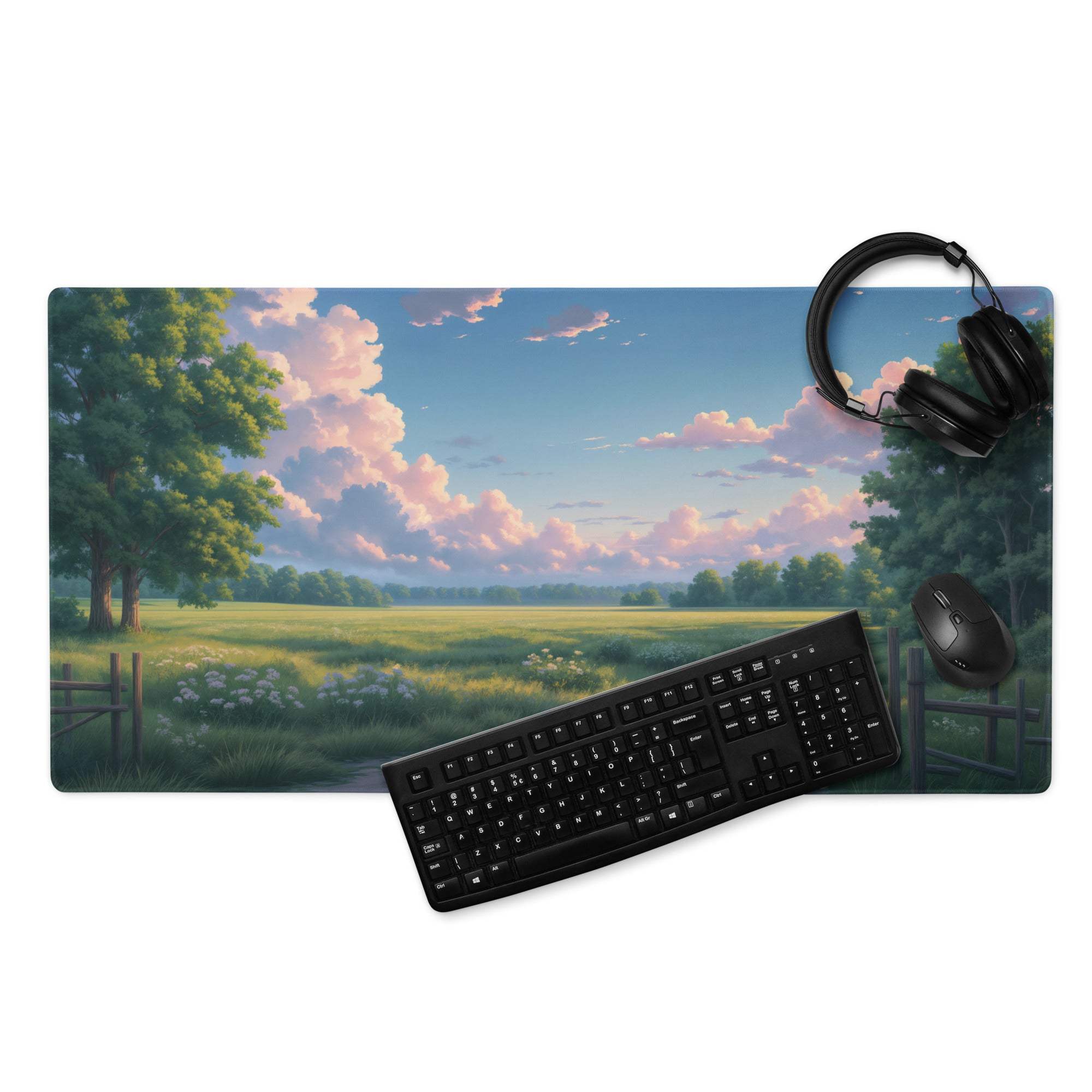 Large pastel sky landscape gaming mouse pad with green fields and pink clouds
