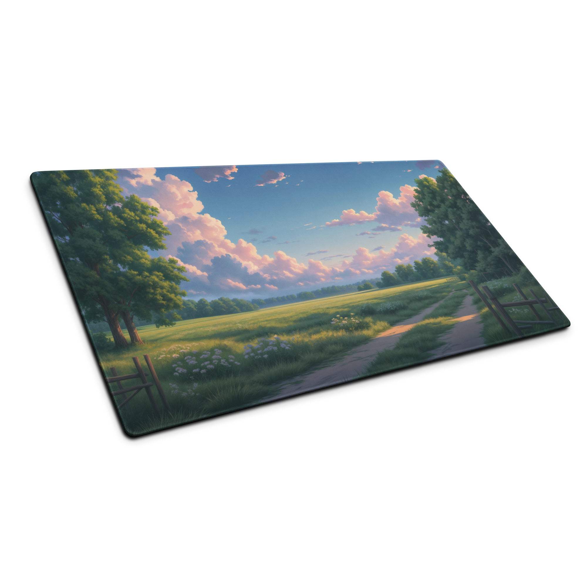 Large pastel sky landscape gaming mouse pad with serene green fields and clouds
