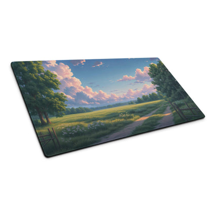 Large pastel sky landscape gaming mouse pad with serene green fields and clouds