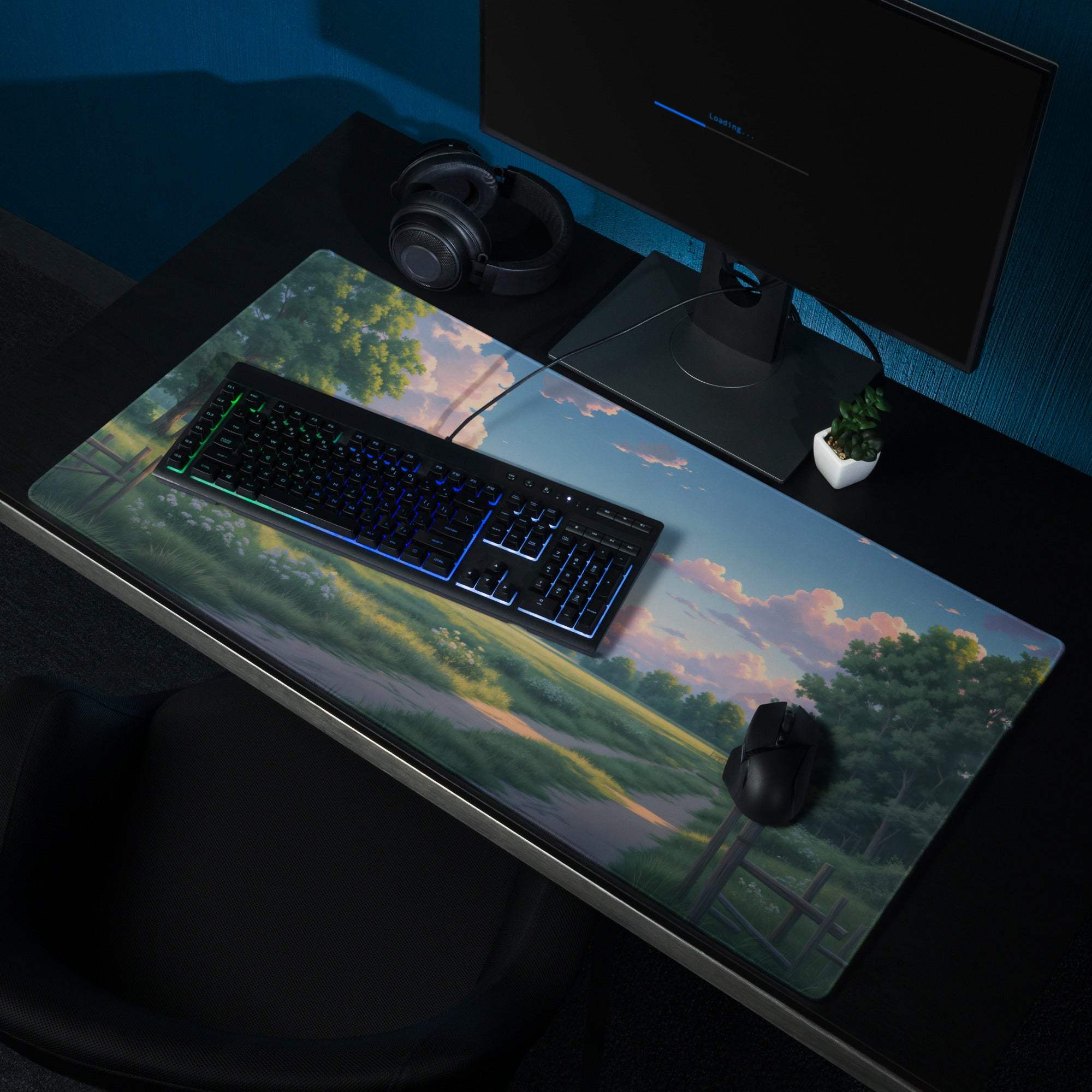 Pastel sky anime landscape large gaming mouse pad with non-slip surface