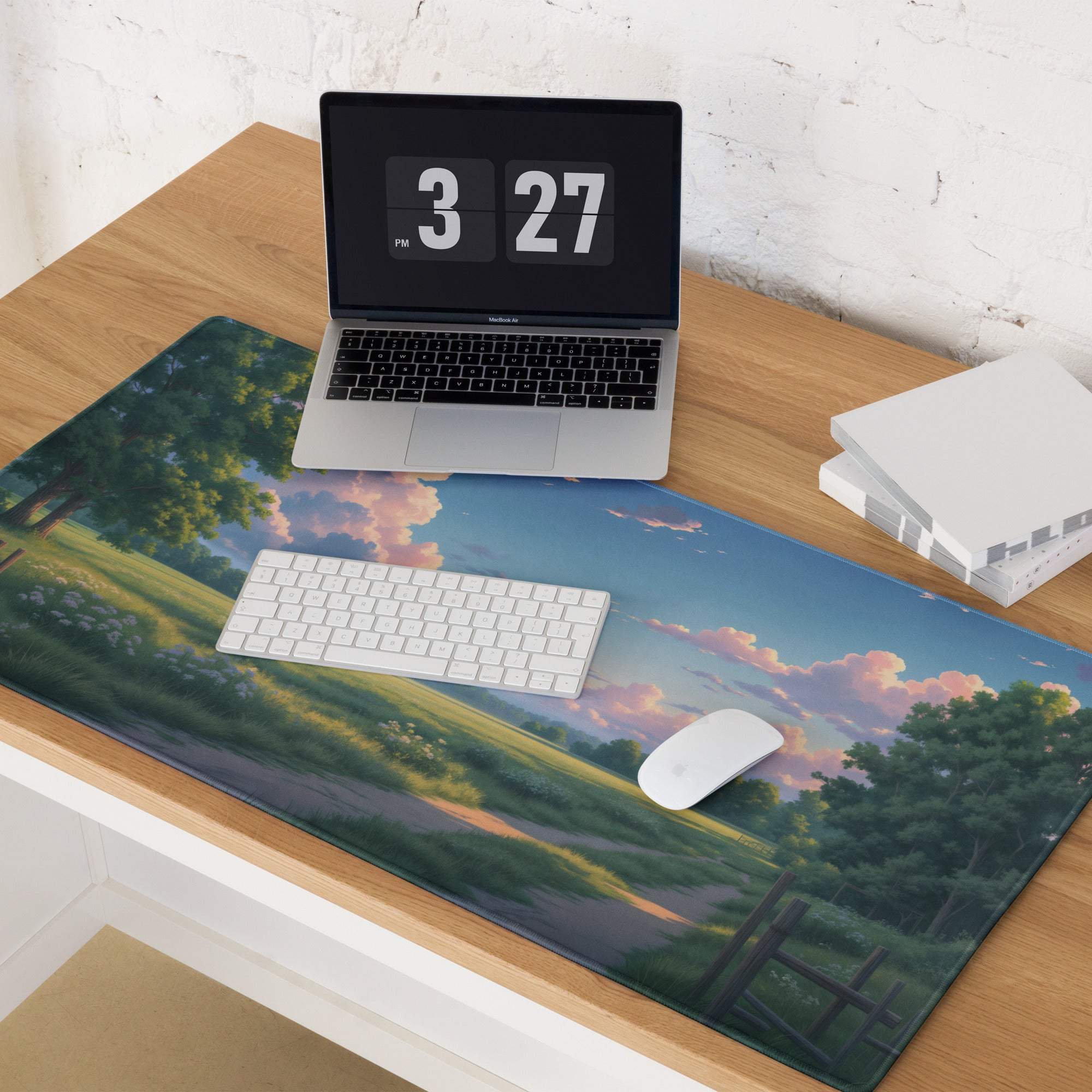 Large pastel sky landscape gaming mouse pad with green fields and non-slip surface