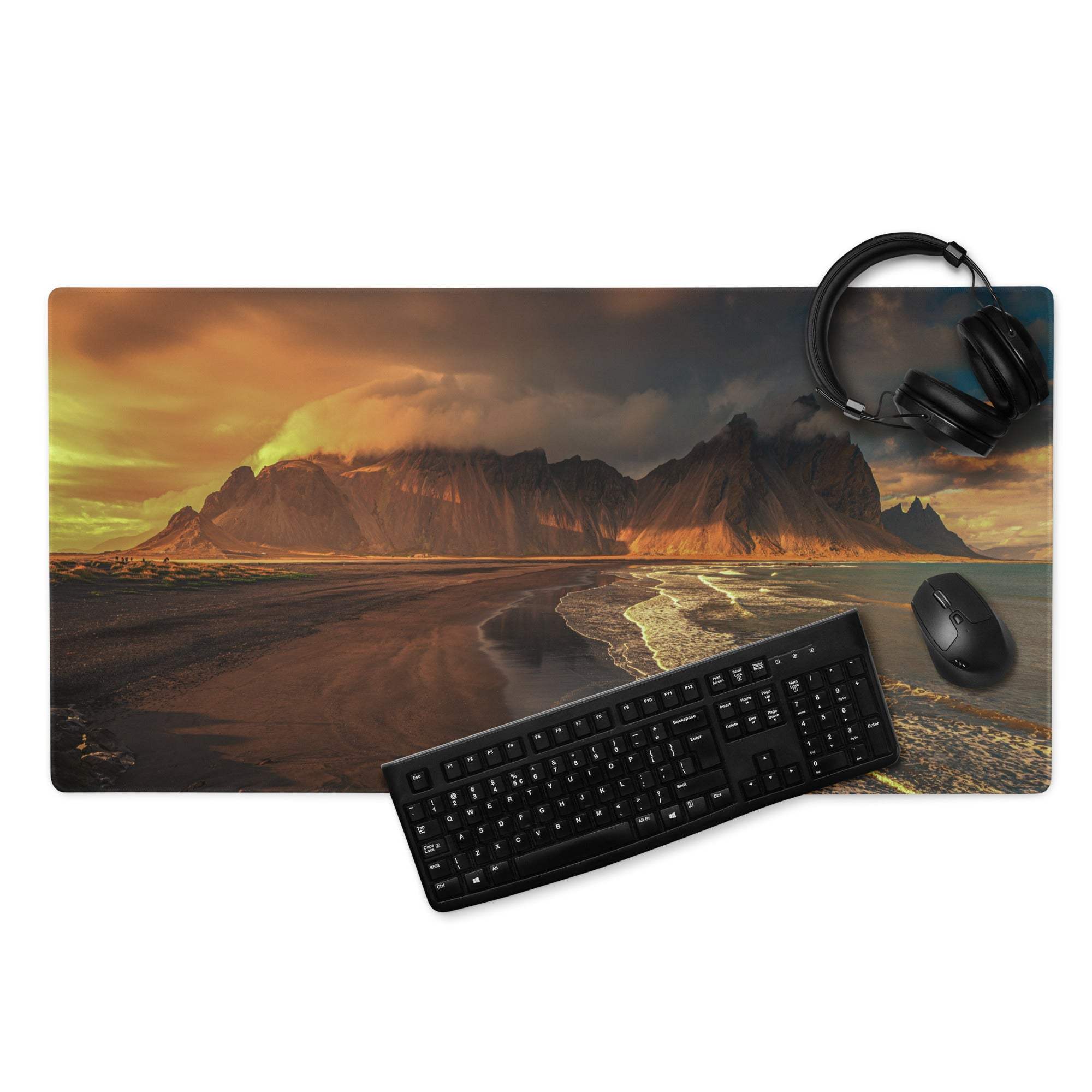 Epic Mountain Coastline Sunset gaming mouse pad with non-slip base
