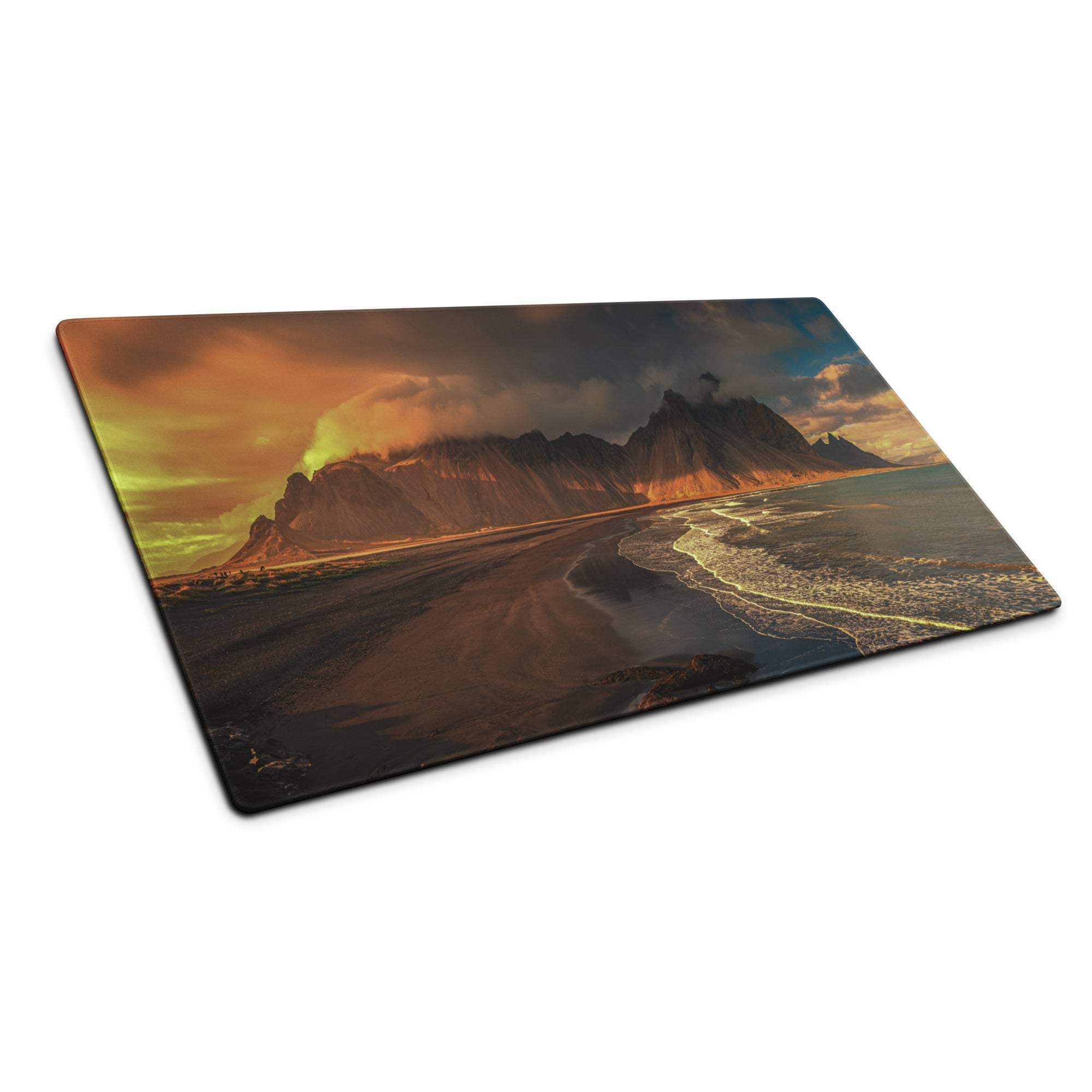 Epic mountain coastline sunset gaming mouse pad with volcano beach print