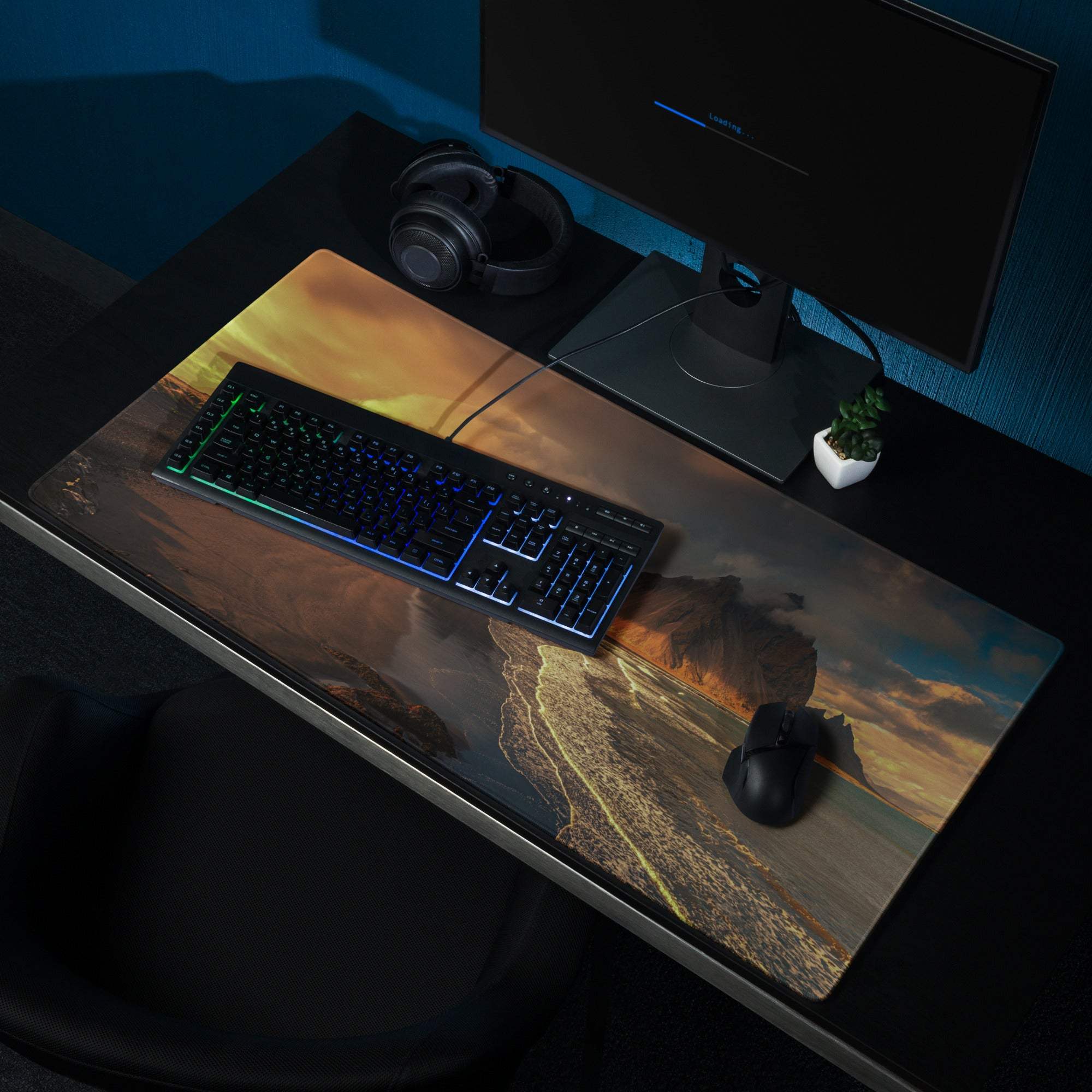 Epic Mountain Coastline Sunset gaming mouse pad with non-slip base