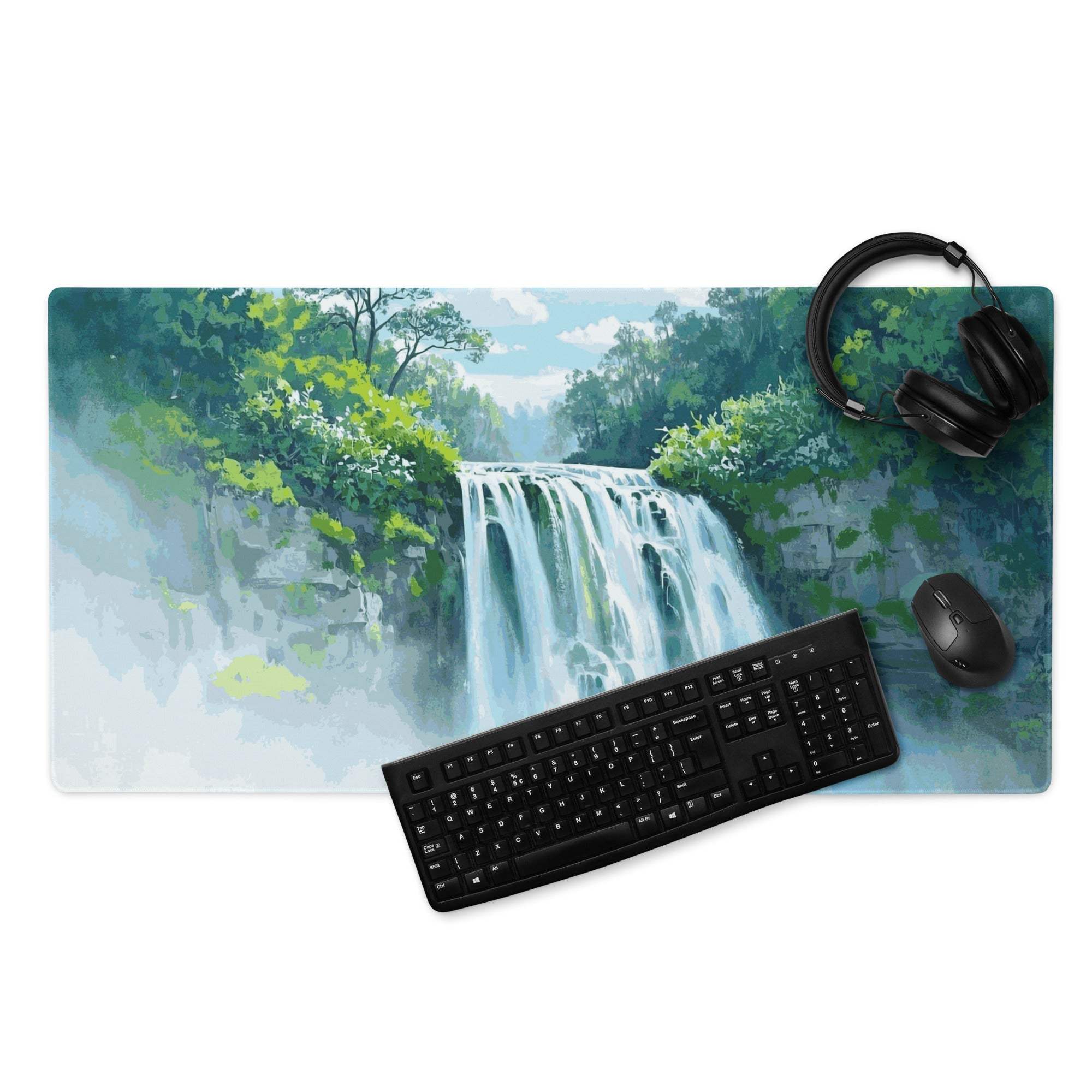 Large Tranquil Waterfall gaming mouse pad with non-slip base and stitched edges