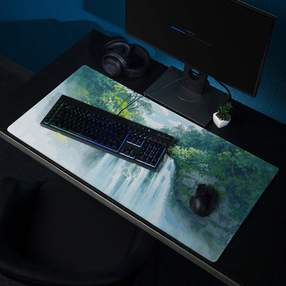 Large Tranquil Waterfall gaming mouse pad with lush forest, non-slip base
