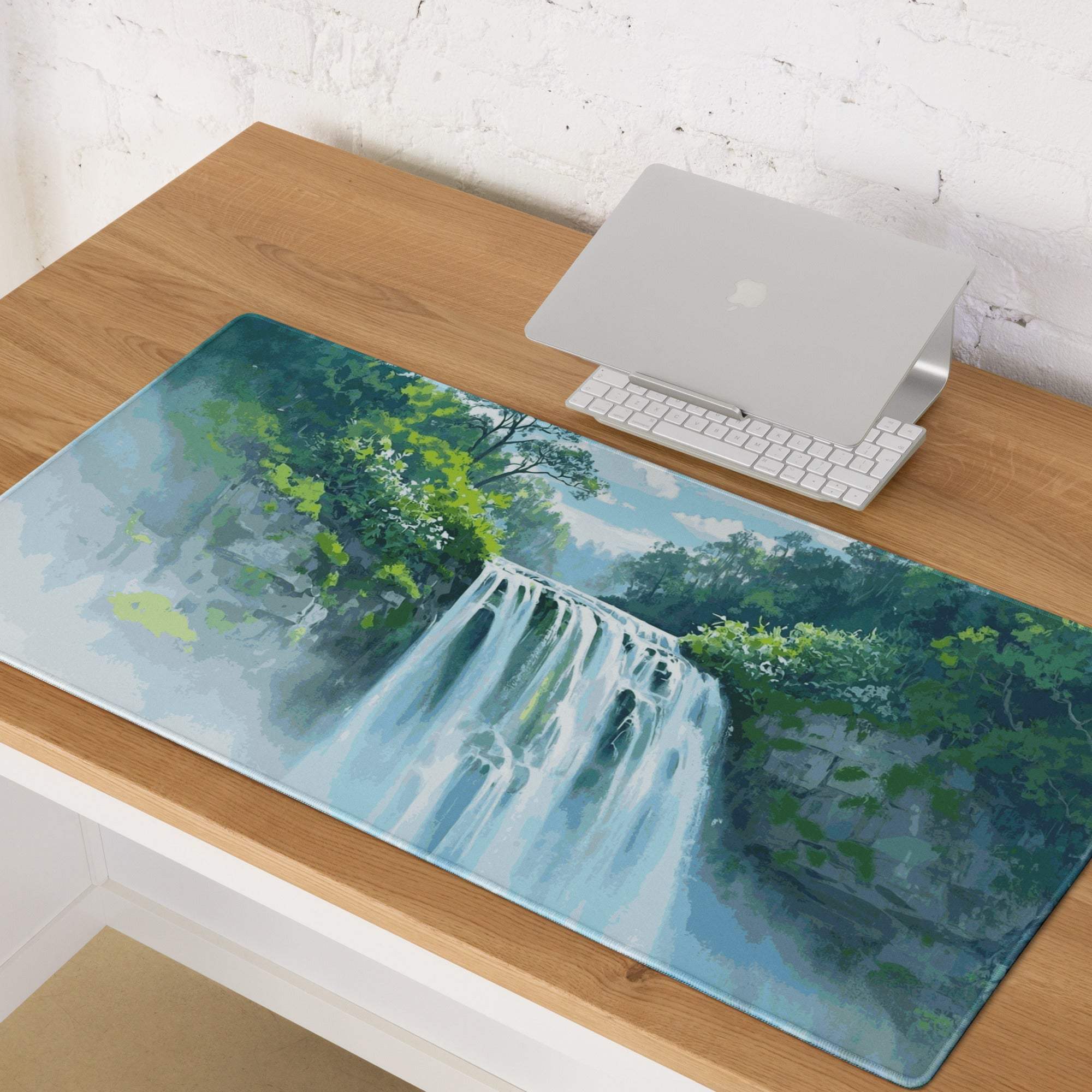 Tranquil waterfall watercolor mouse pad with non-slip base, large size