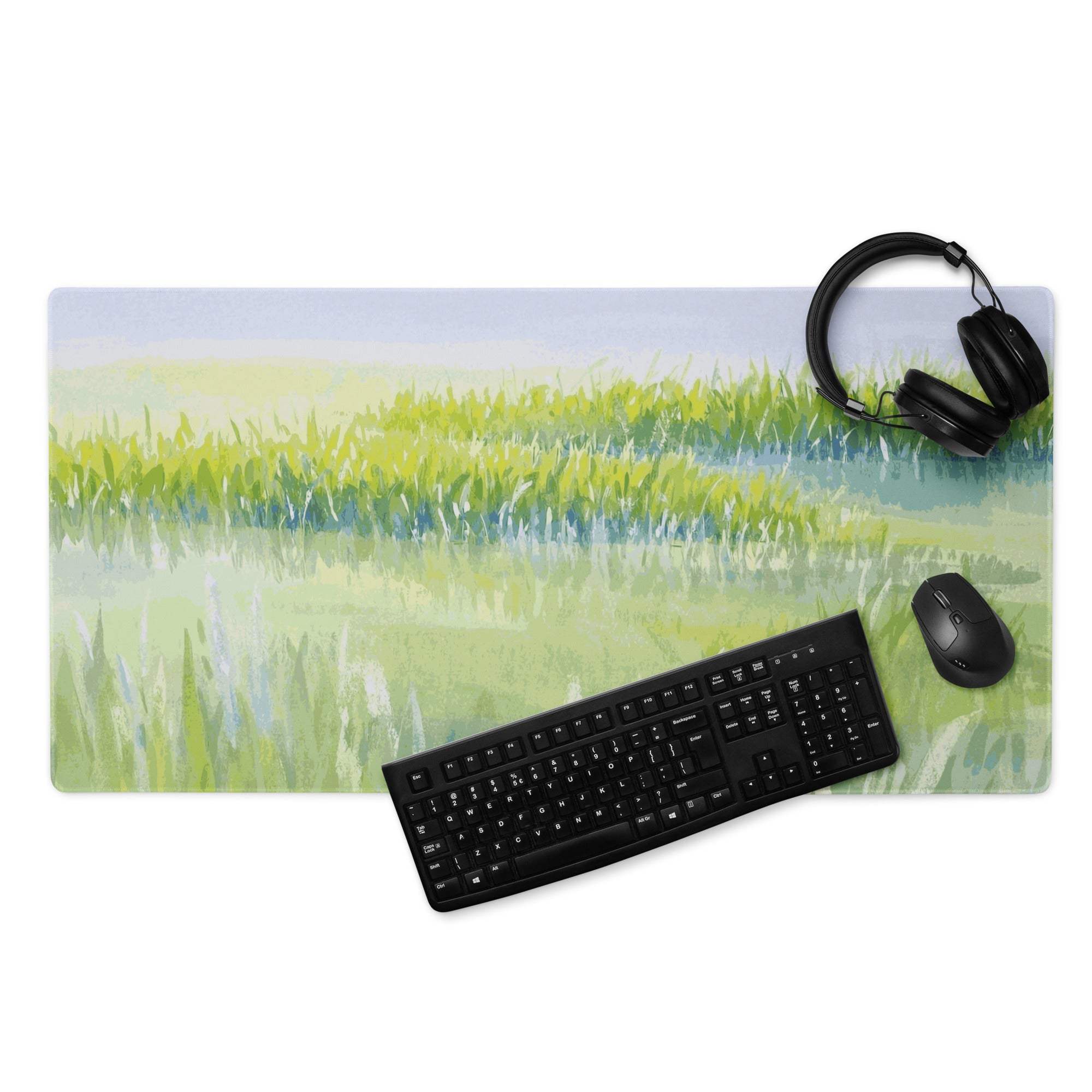 Nature inspired large green landscape gaming mouse pad with grass and sky