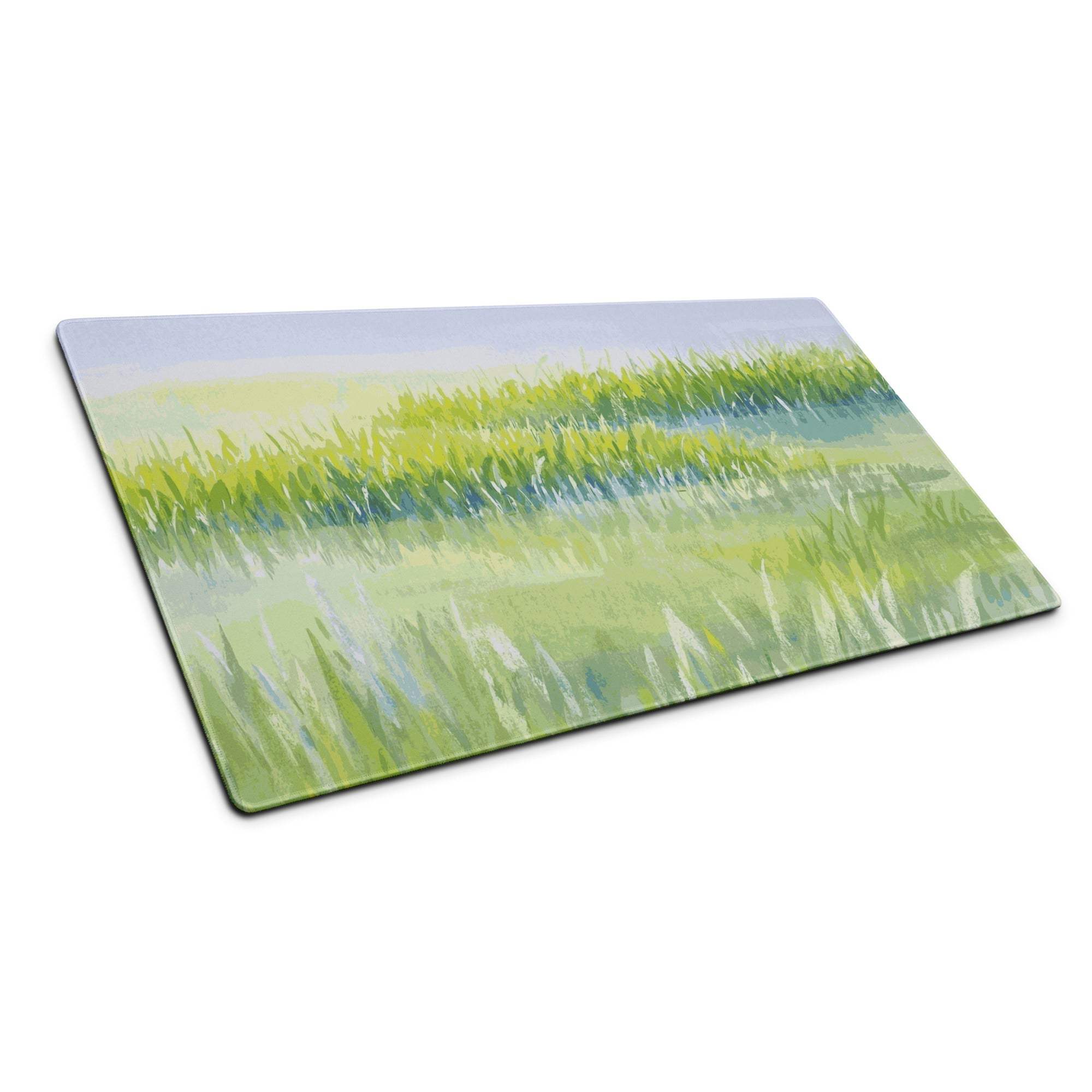 Nature inspired large green landscape glass gaming mouse pad with non-slip backing