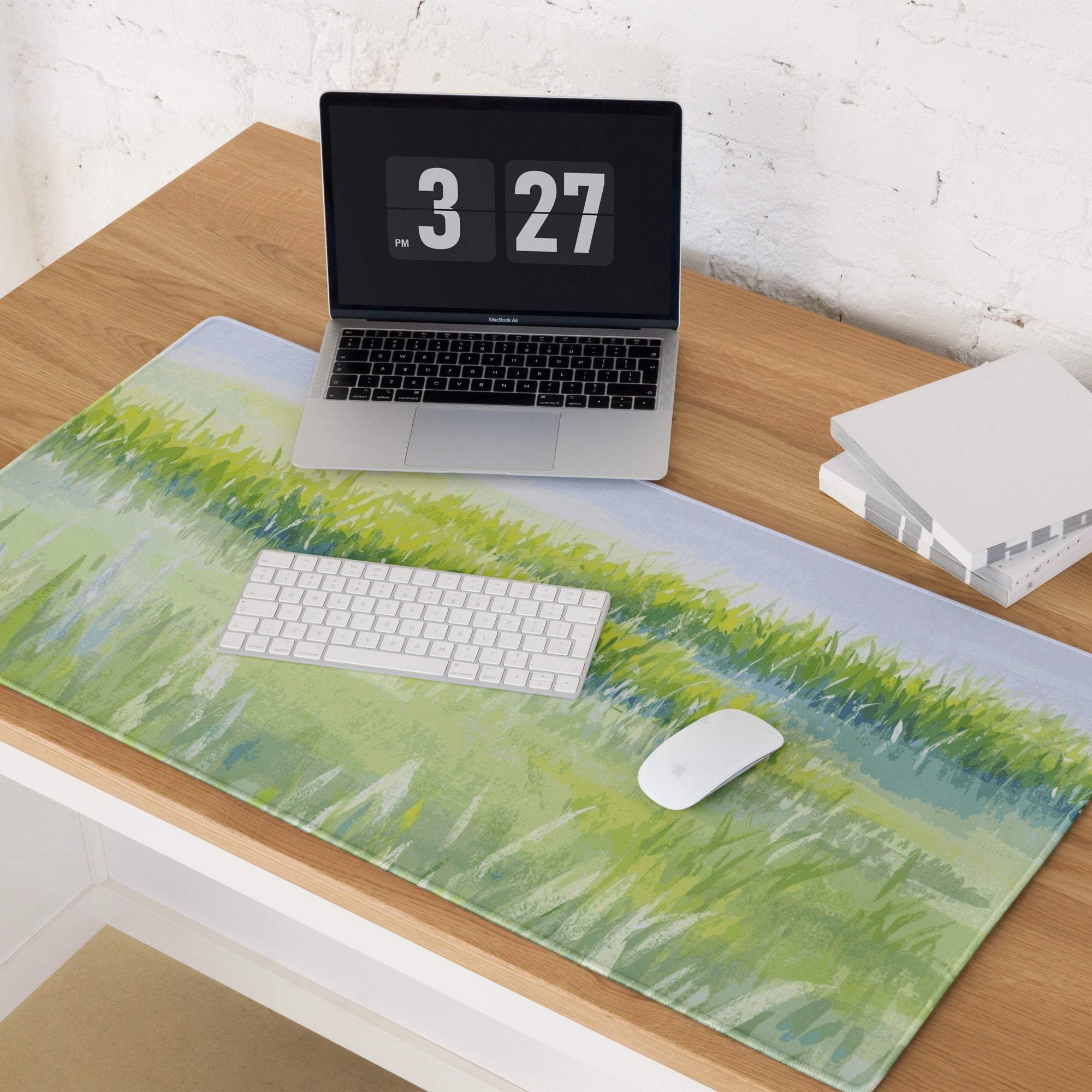 Nature inspired large green landscape gaming mouse pad with grass and sky design