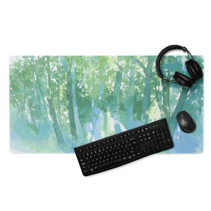 Watercolor forest green blue trees gaming mouse pad large non-slip surface