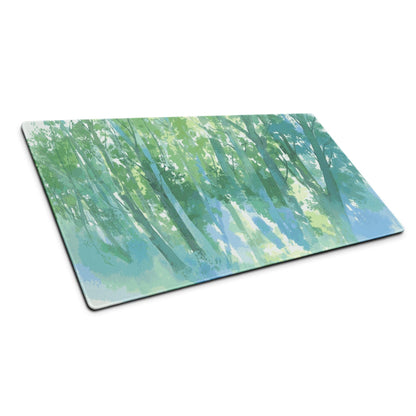 Watercolor forest landscape green blue mouse pad with tall trees