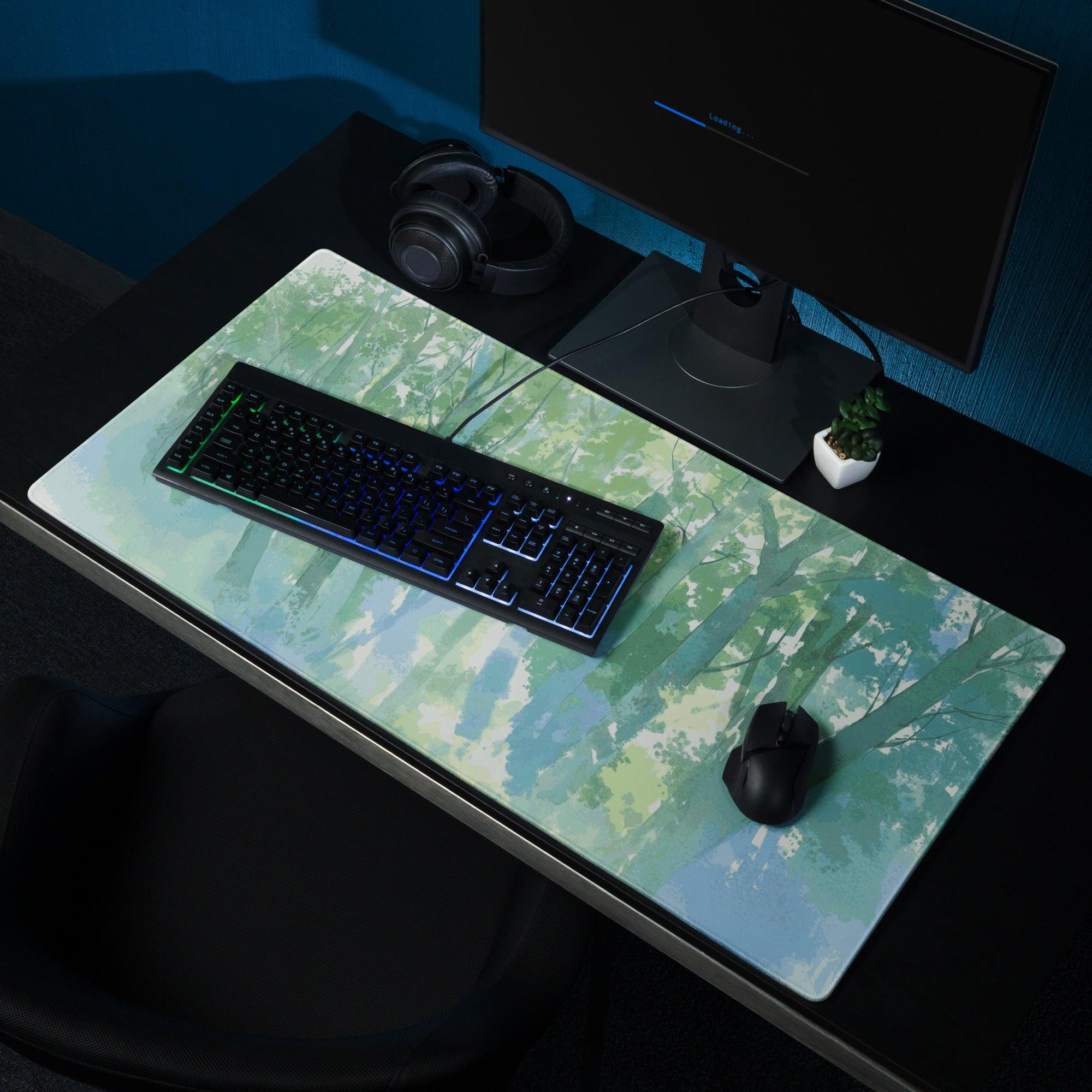 Watercolor forest green blue gaming mouse pad large non-slip surface