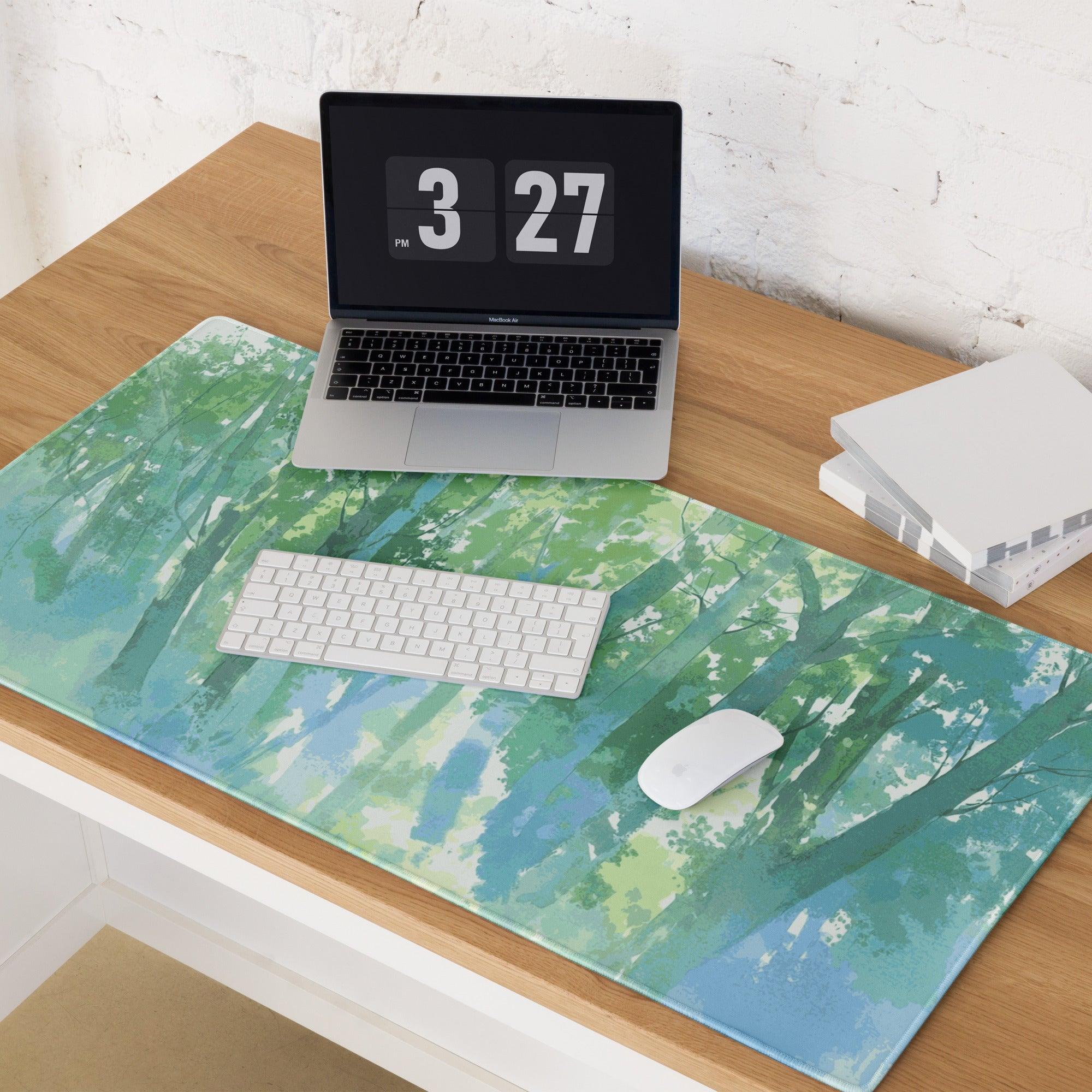 Vibrant watercolor forest gaming mouse pad in green blue hues large non-slip