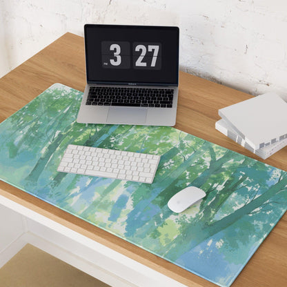 Vibrant watercolor forest gaming mouse pad in green blue hues large non-slip