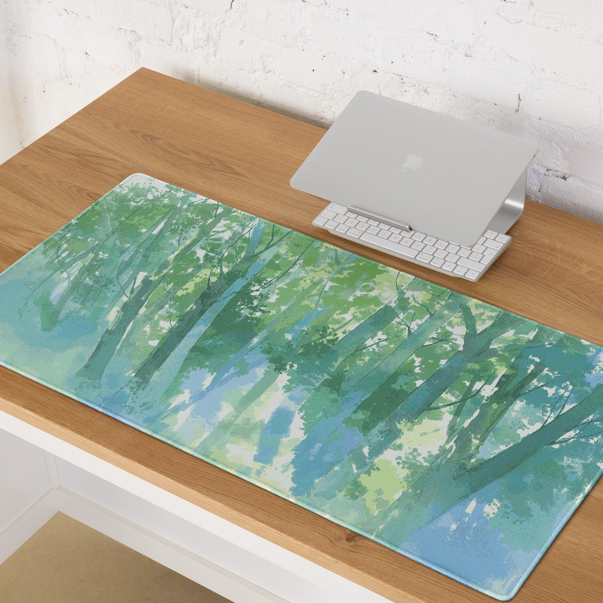 Large watercolor forest green blue gaming mouse pad non-slip smooth surface