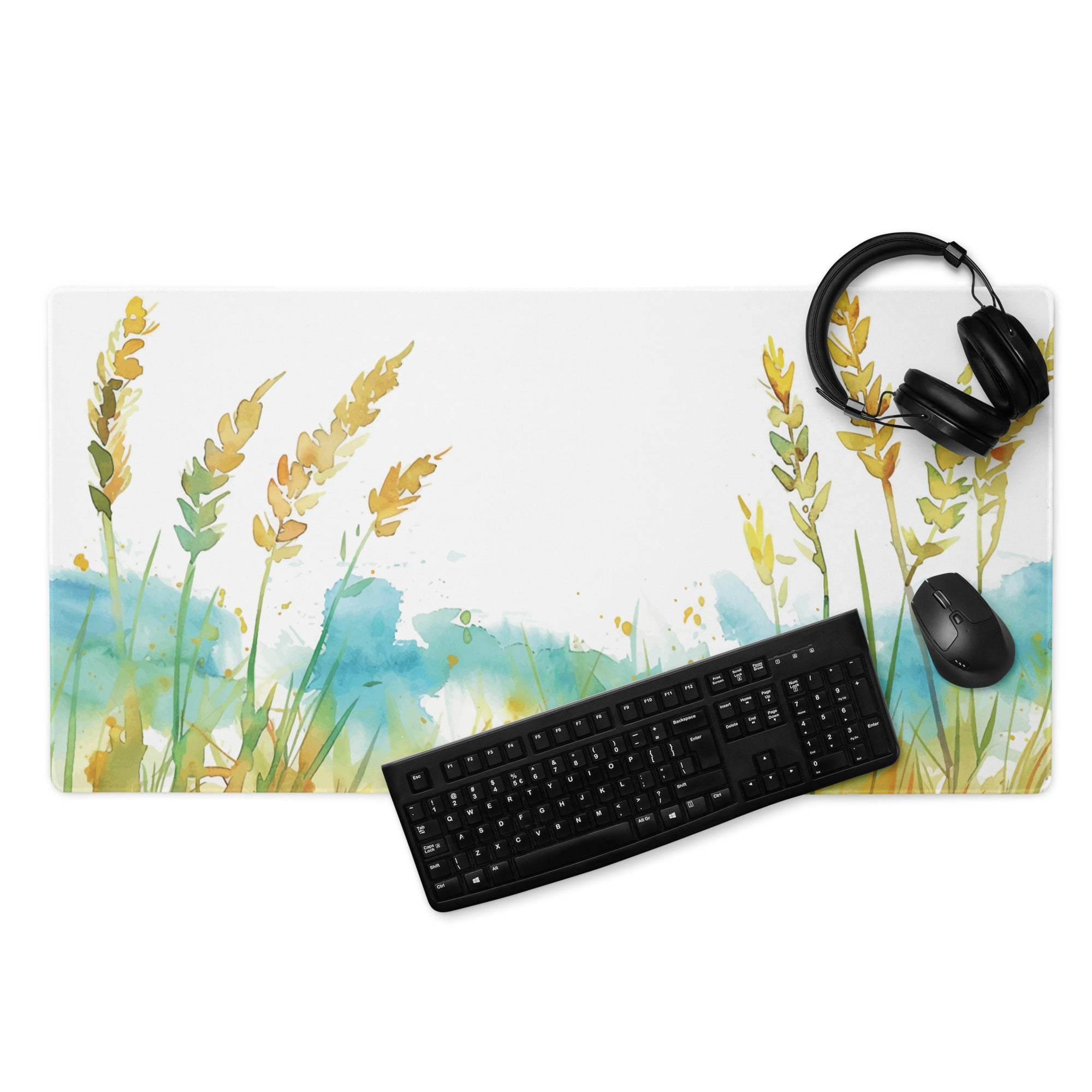 Watercolor golden wheat stalks on pastel blue gaming mouse pad