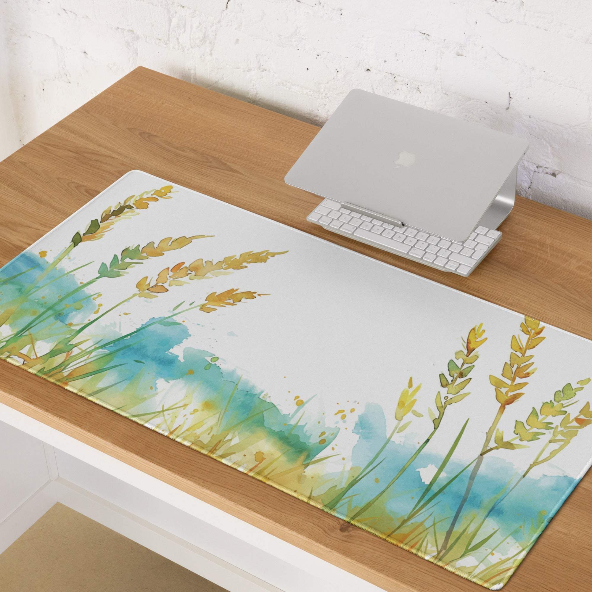 Watercolor golden wheat stalks on blue-green gradient gaming mouse pad
