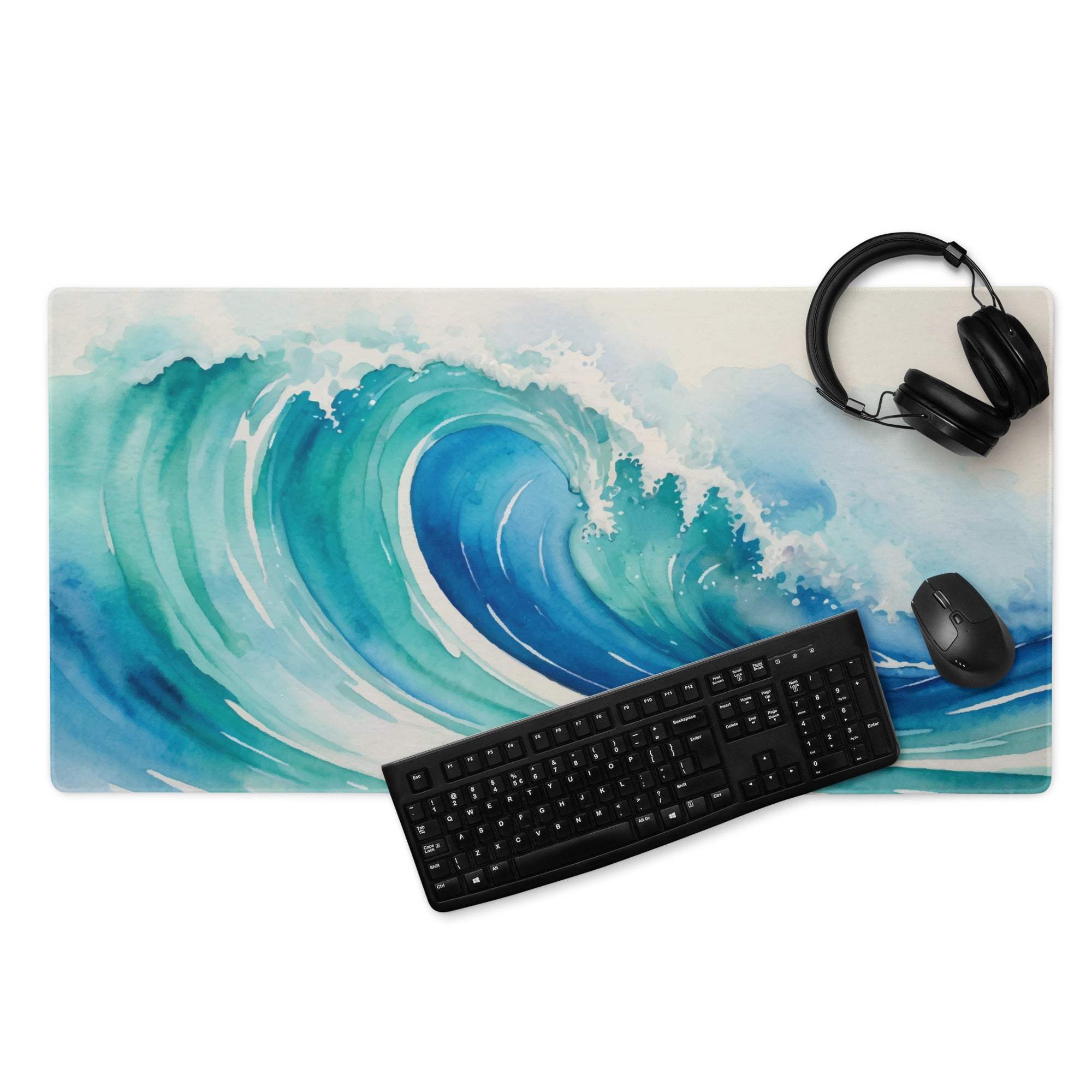 Watercolor ocean wave gaming mouse pad in deep blue teal