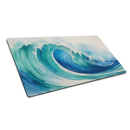 Rectangular glass cutting board with watercolor ocean wave design in deep blue teal