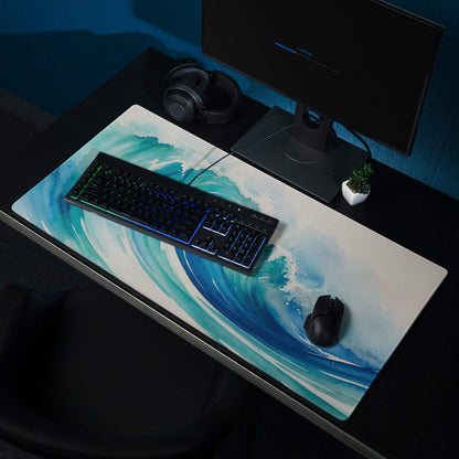 Watercolor ocean wave gaming mouse pad in deep blue teal