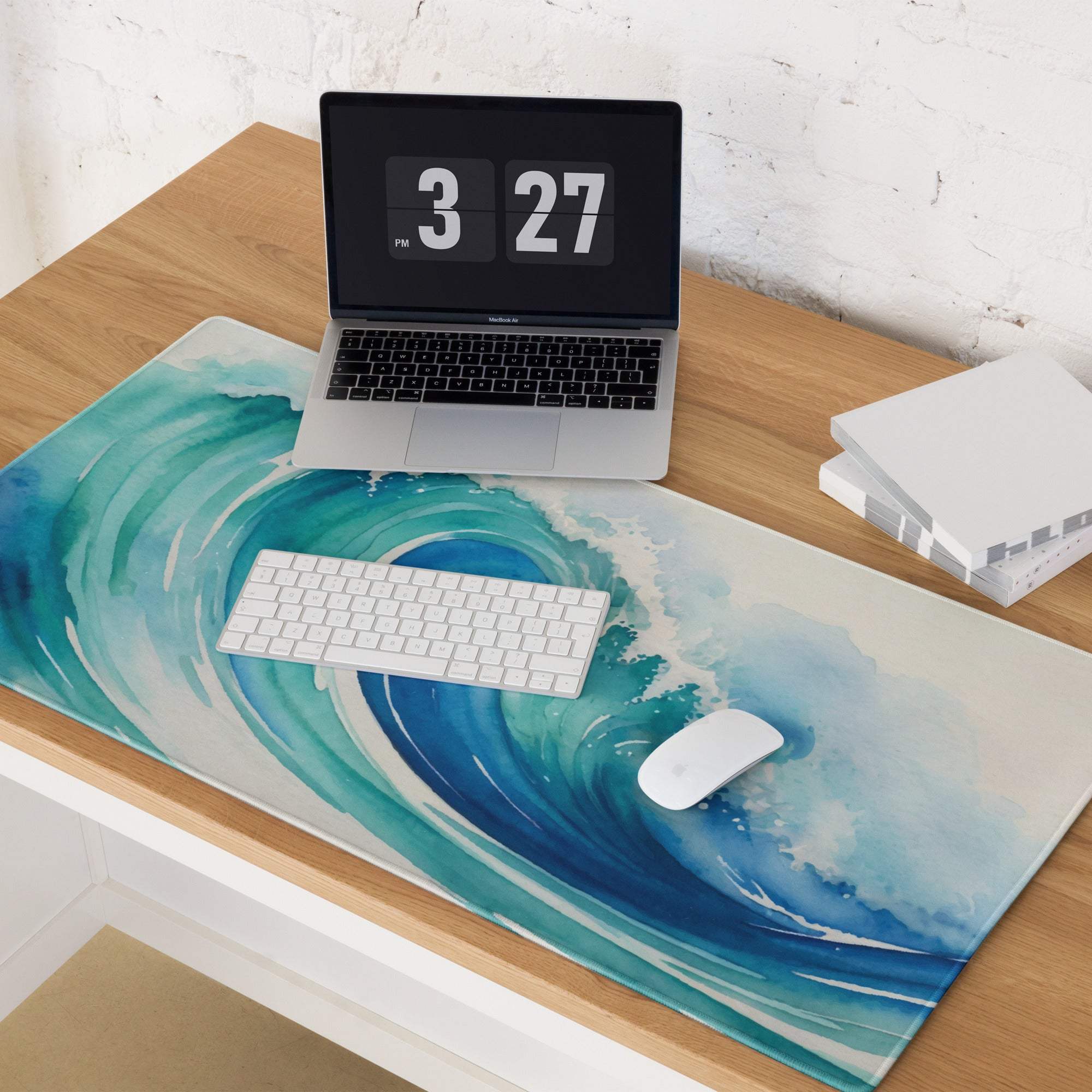 Blue watercolor ocean wave desk mat for gaming setups
