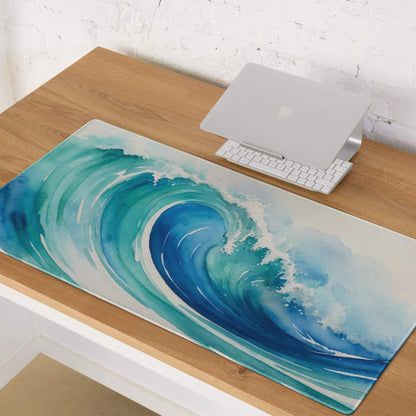 Watercolor ocean wave gaming mouse pad in deep blue teal