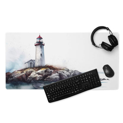 Watercolor lighthouse gaming mouse pad with non-slip base and stitching