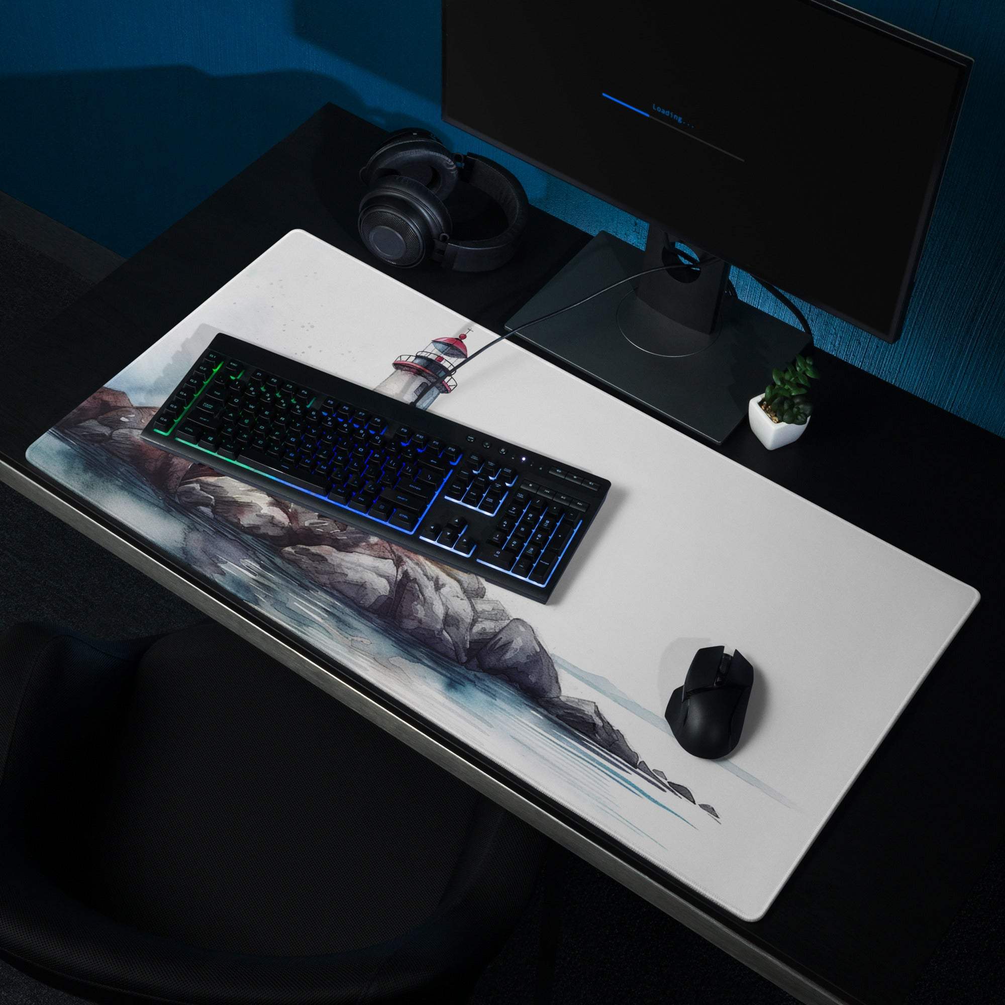 White watercolor lighthouse rocky coast gaming mouse pad, large non-slip stitched