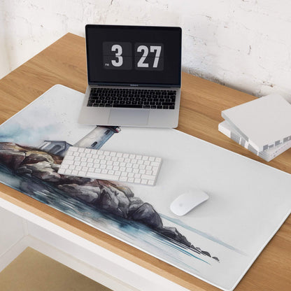 Watercolor lighthouse on rocky coast gaming mouse pad, large non-slip stitched