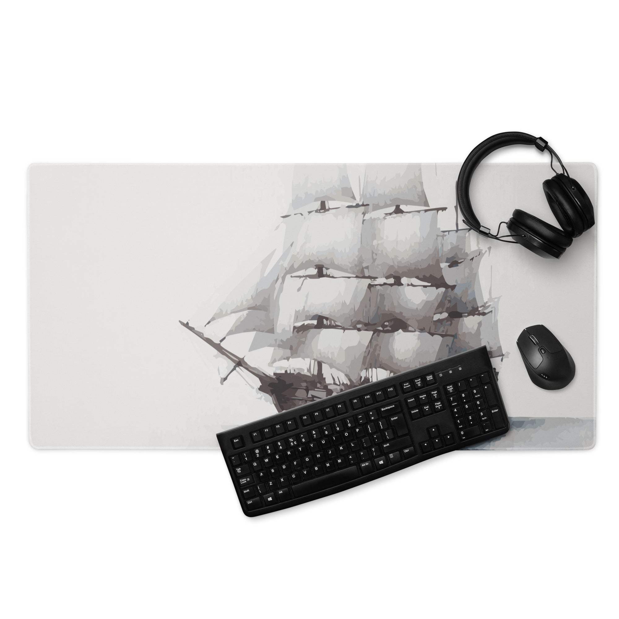Large gray gaming mouse pad with black-and-white sailing ship watercolor art