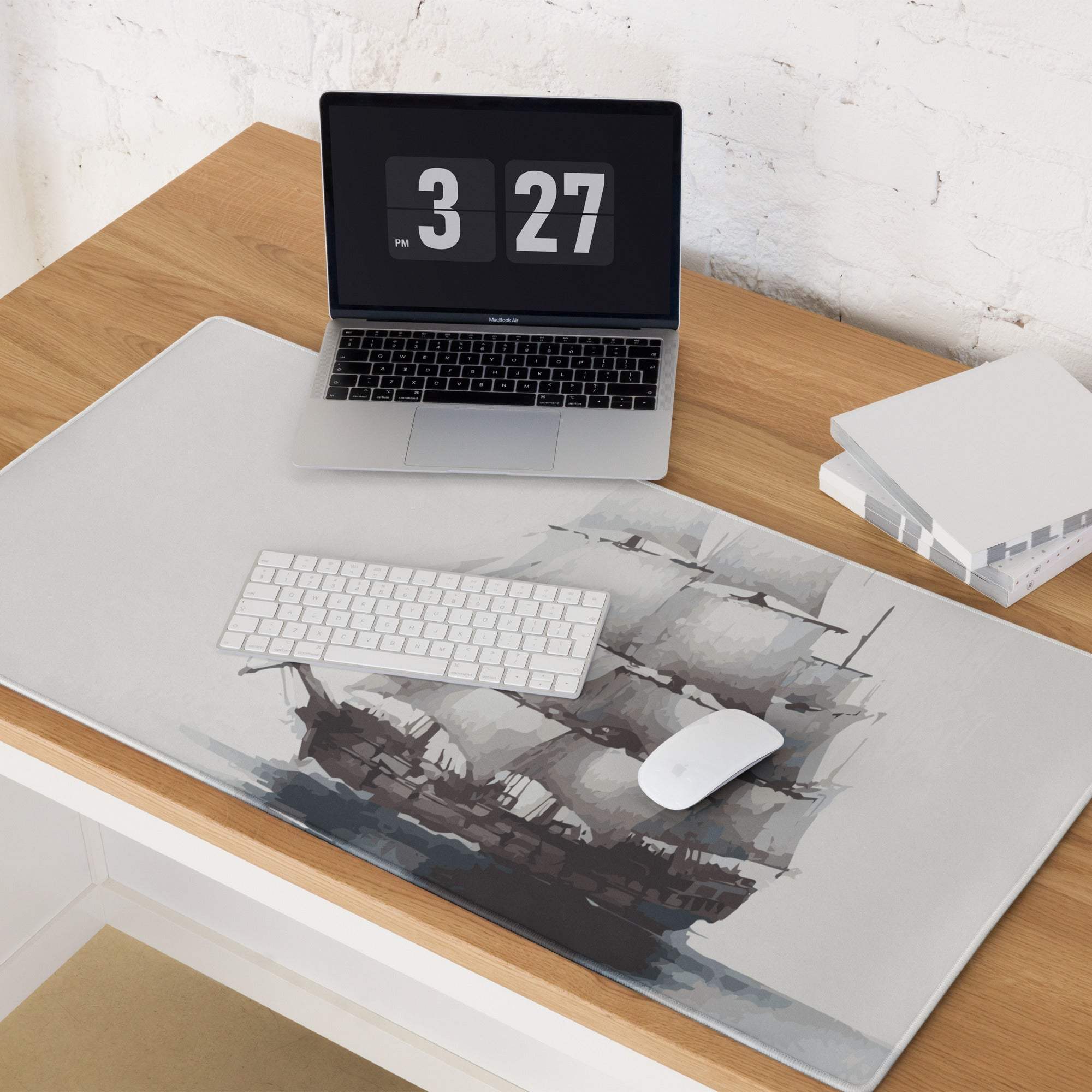 Gray nautical sailing ship watercolor mousepad, large non-slip stitched gaming pad