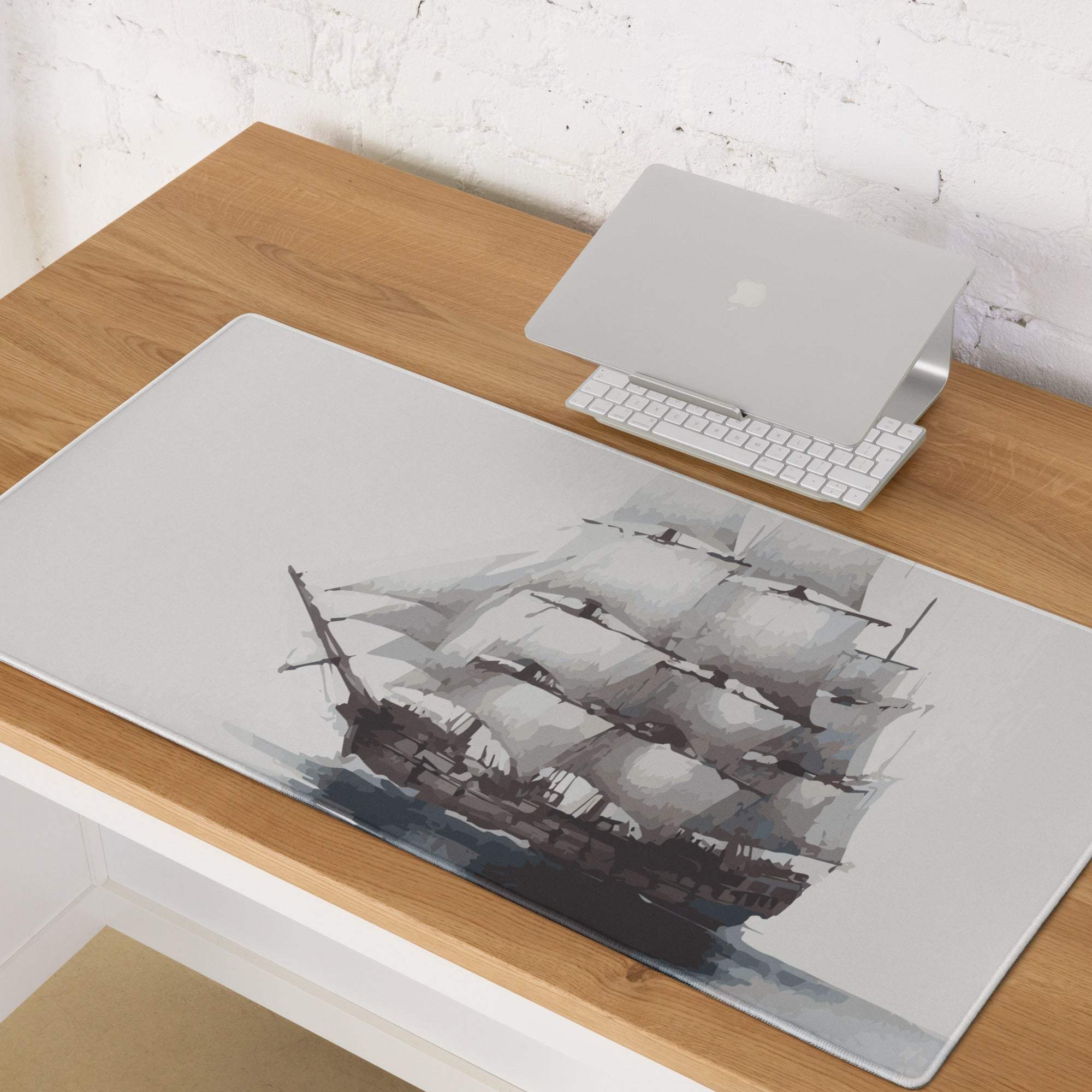 Sleek gray large gaming mouse pad with nautical sailing ship watercolor art