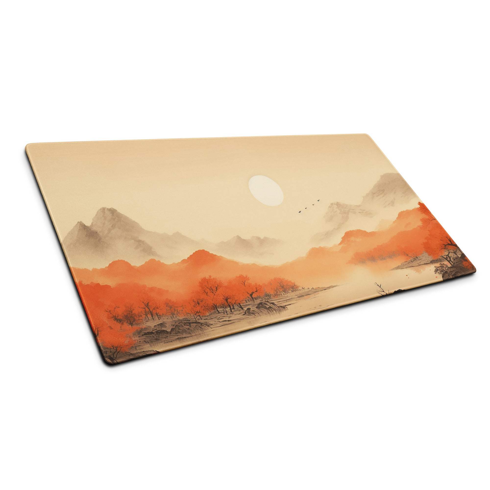 Premium warm autumn landscape large gaming mouse pad with orange beige mountains moon