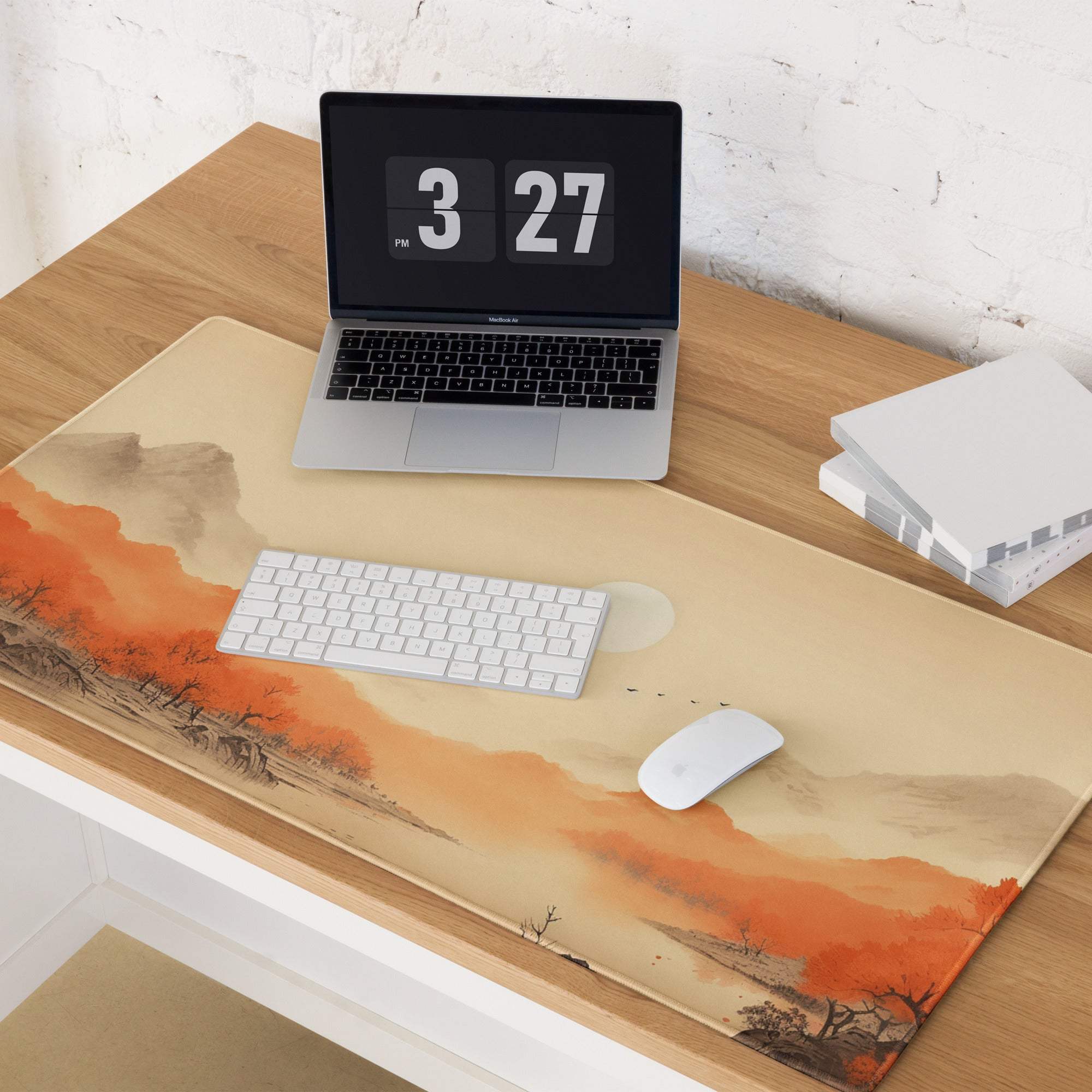 Premium warm autumn landscape gaming mouse pad with watercolor mountains
