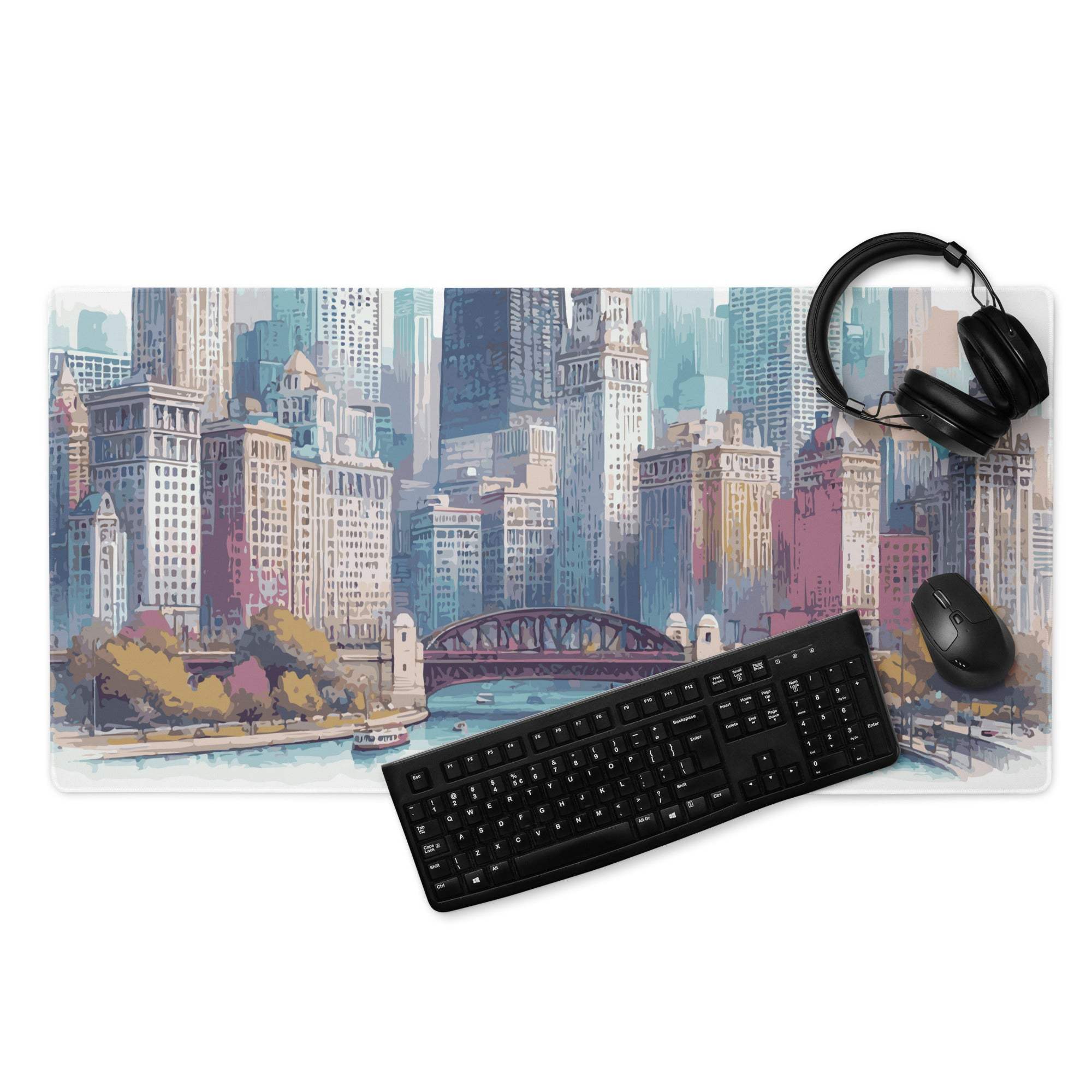 Vibrant urban skyline cityscape large gaming mouse pad in pastel tones