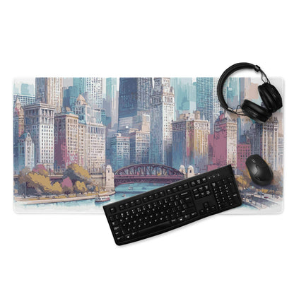 Vibrant urban skyline cityscape large gaming mouse pad in pastel tones
