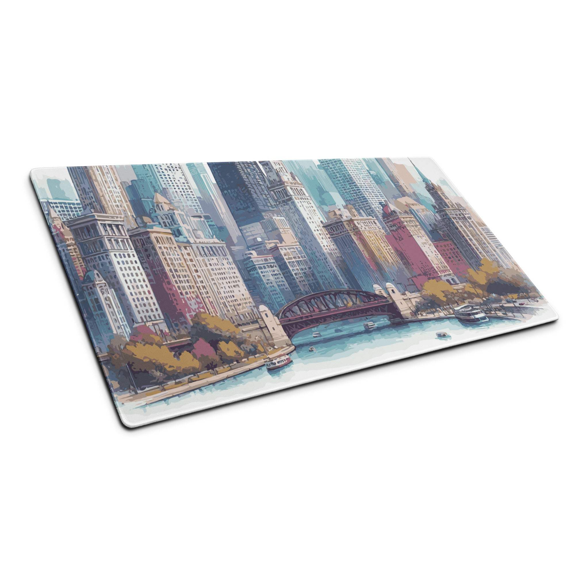 Vibrant urban skyline cityscape gaming mouse pad with skyscrapers and bridges