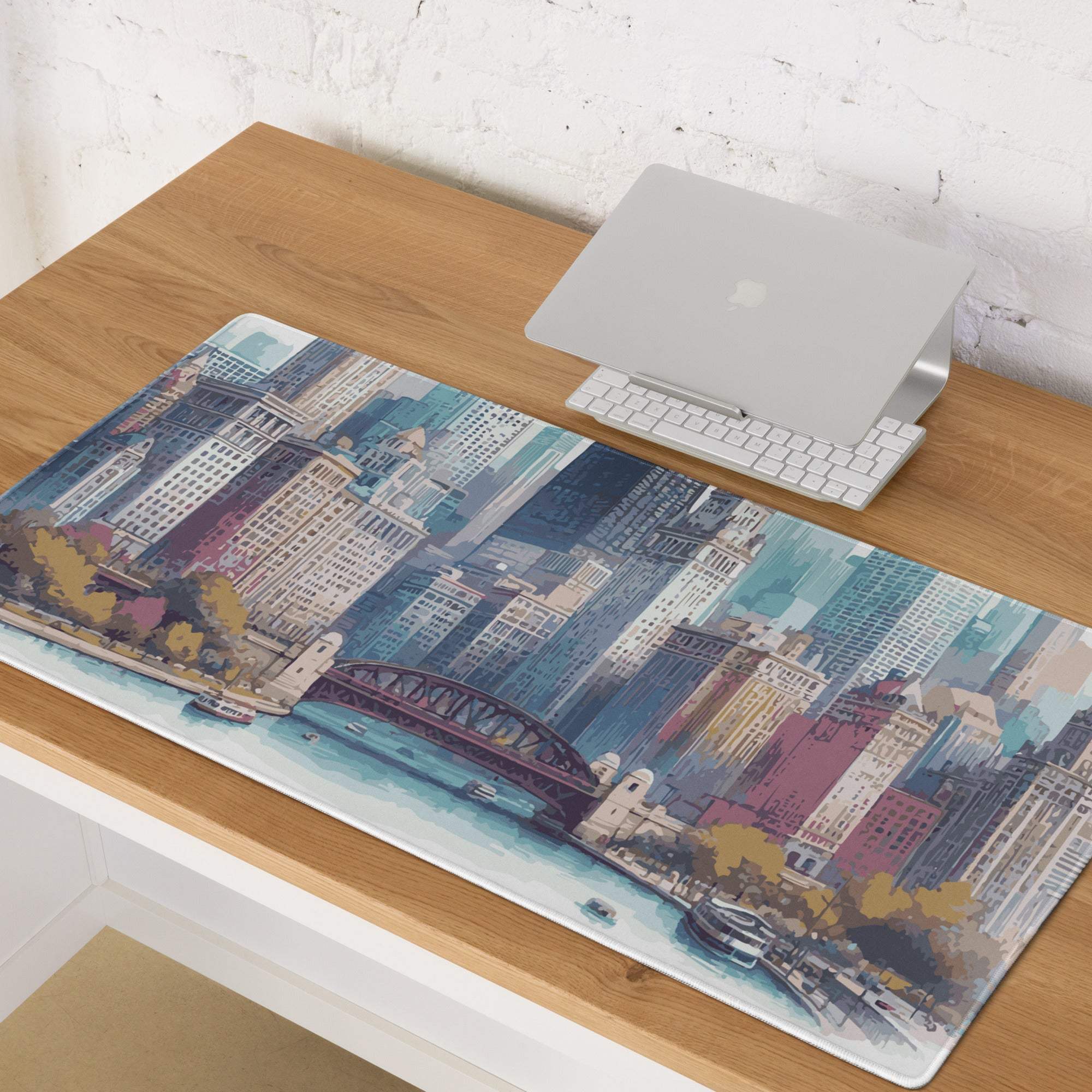 Vibrant urban skyline cityscape large gaming mouse pad with blue red buildings
